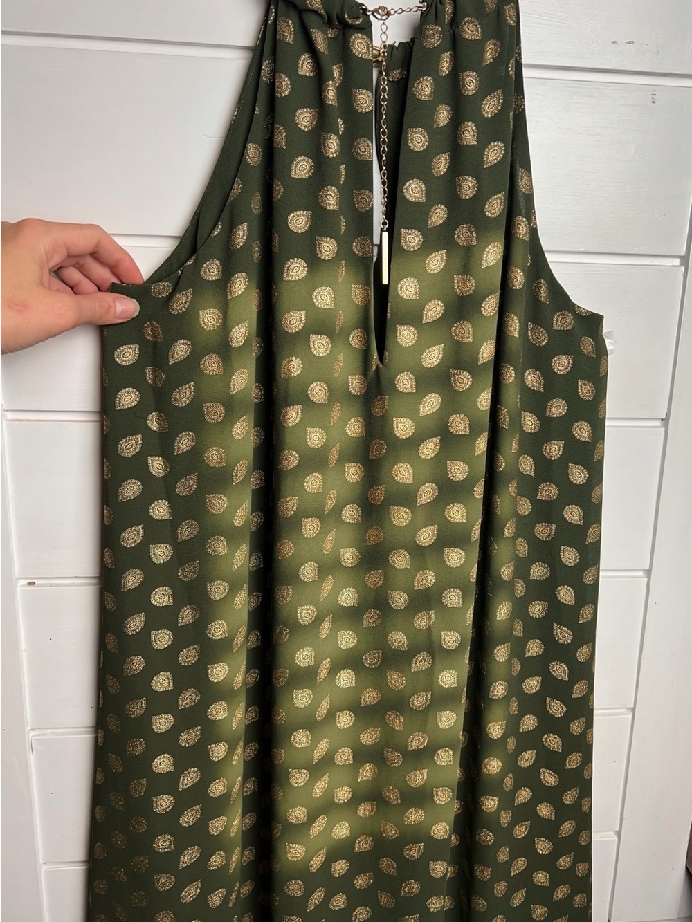 MICHAEL Michael Kors Bergalia Foiled Chain Neck Trapeze Dress Olive Gold M
